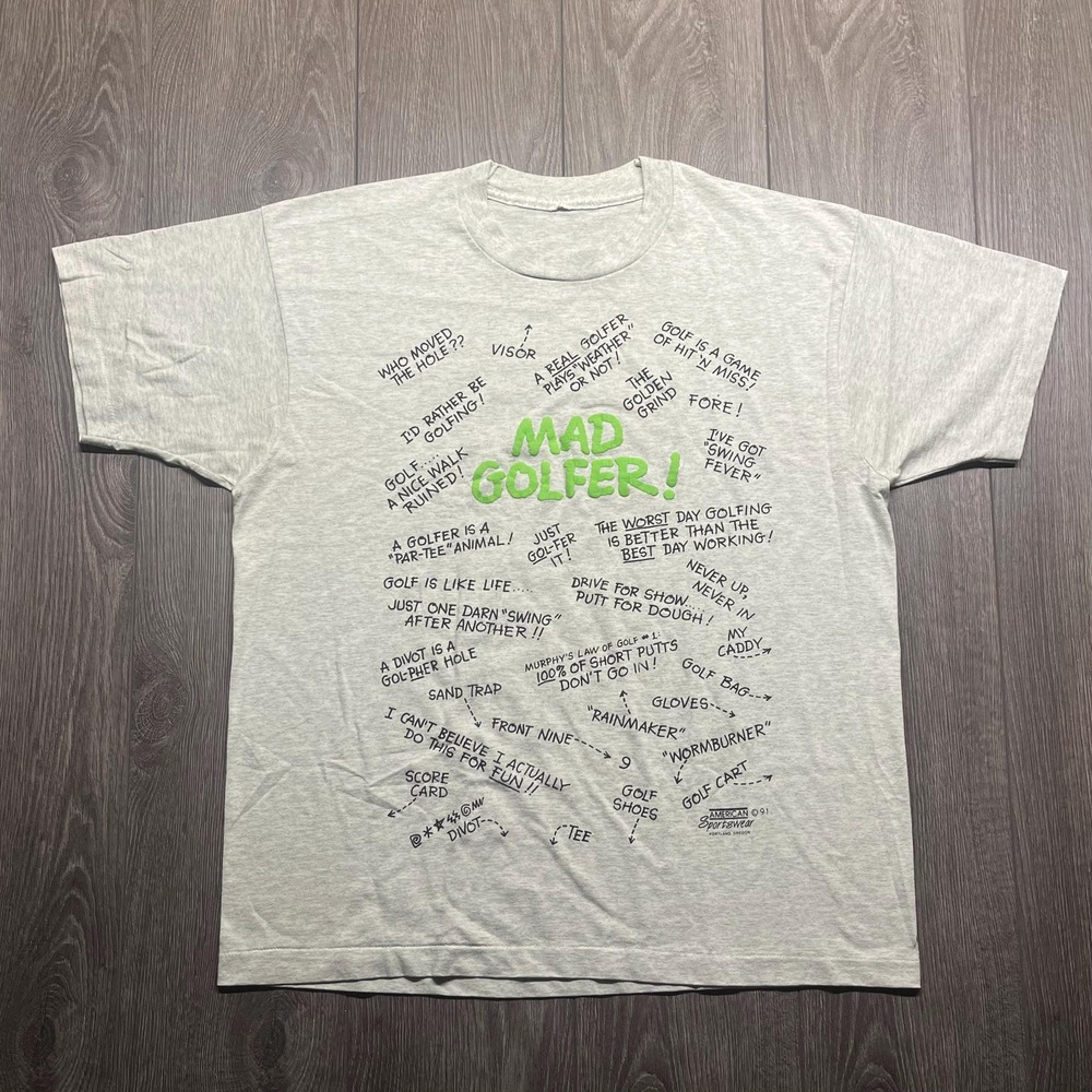 Vintage Mad Golfer Funny 1990s Single Stitch All Over Print T Shirt XL